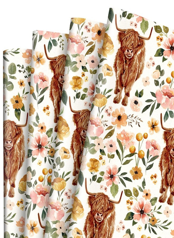 AnyDesign Boho Floral Highland Cow Wrapping Paper Folded Flat Boho Flower Gift Wrap Paper Bulk Cute Cow Art Paper for Birthday Wedding Baby Shower DIY Crafts Gift Packing, 19.7 x 27.6 in, 6 Sheet - Image 1